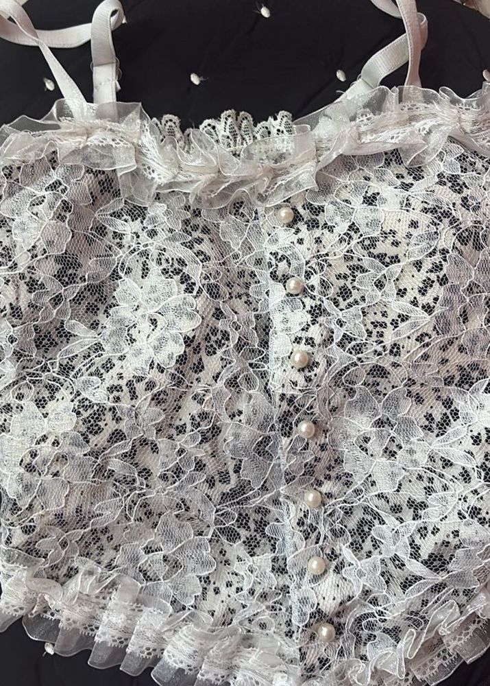 Delicate White Lace Cami with Pearl Buttons