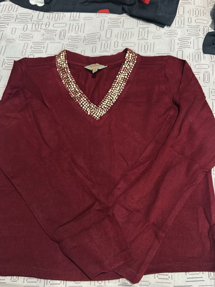 Burgundy Embellished V-Neck Top New