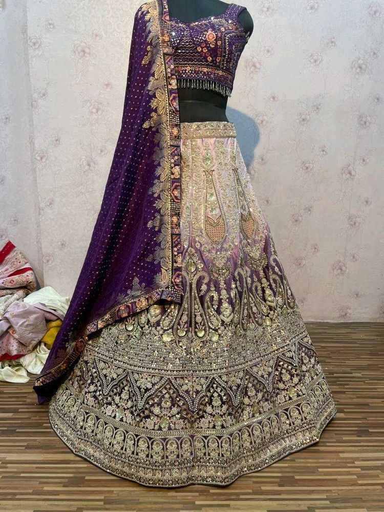 Purple &amp; Gold Embroidered Lehenga