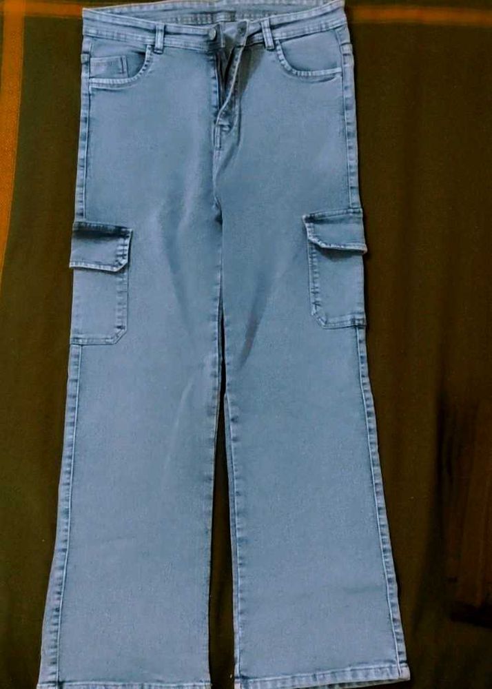 Grey Wide Leg Cargo Jeans
