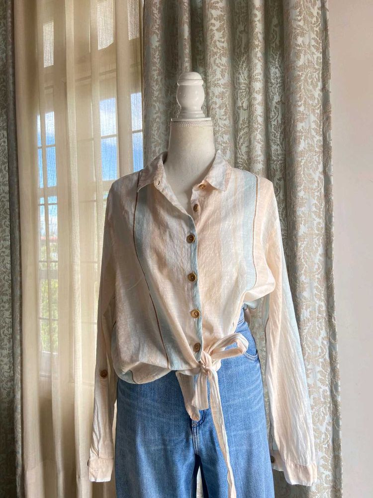 Tie-Front Button-Down Shirt  Soft Linen Cotton