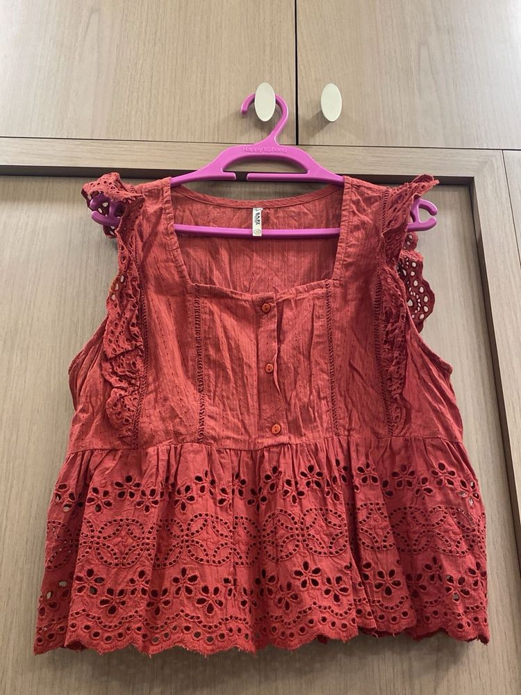 Chic Rust-Colored Eyelet Top