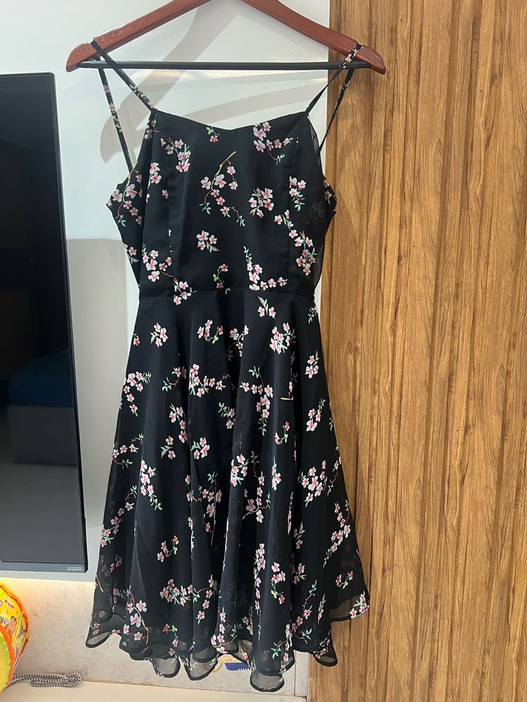 Floral Print Black Spaghetti Strap Dress