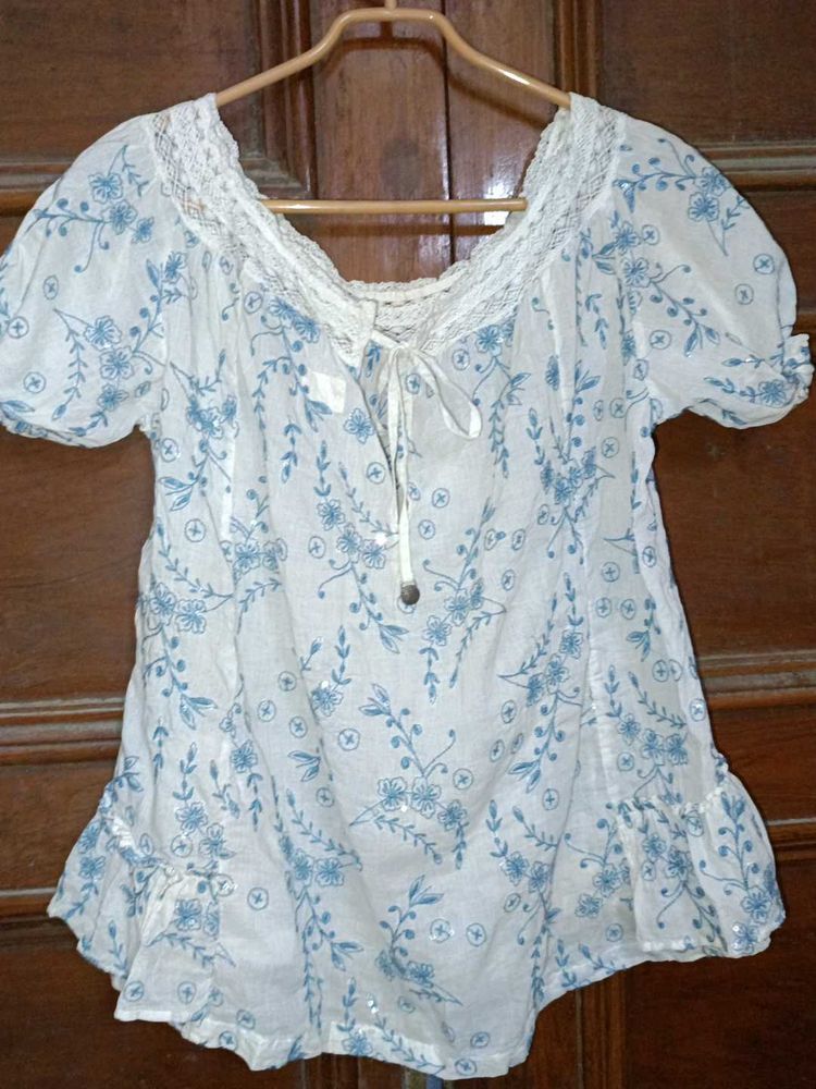 White Cotton Embroidered Top With Sequence