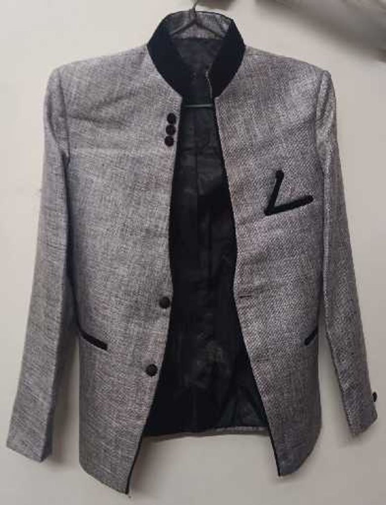 Grey Mandarin Black Velvet Collar Blazer