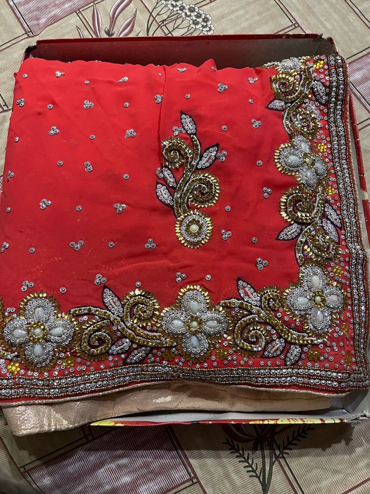 Elegant Orange Embellished Saree With Blouse