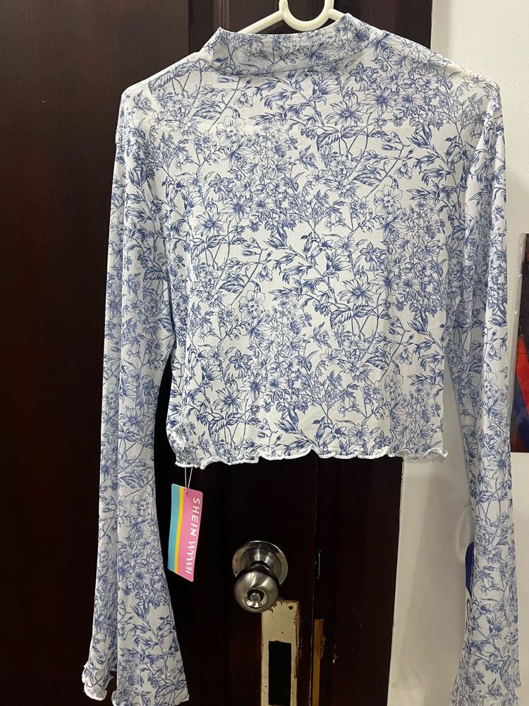 White And Blue Printed Mesh Top