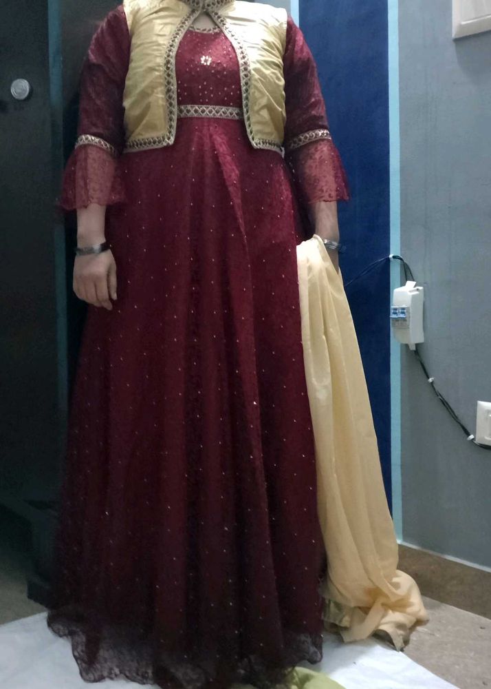 Maroon Anarkali with Gold Jacket