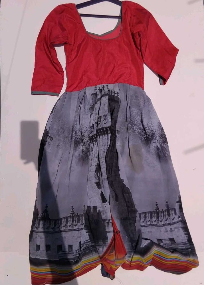 Red &amp; Grey Print Dress