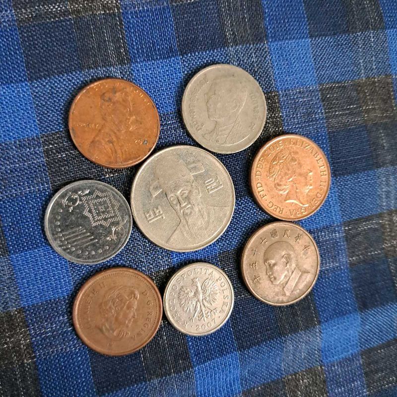 8 Coins Of Different Foreign Countries