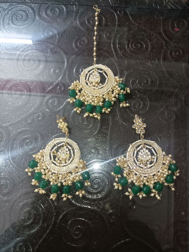 Bahara Maang Teeka Earrings Combo - Bottle Green
