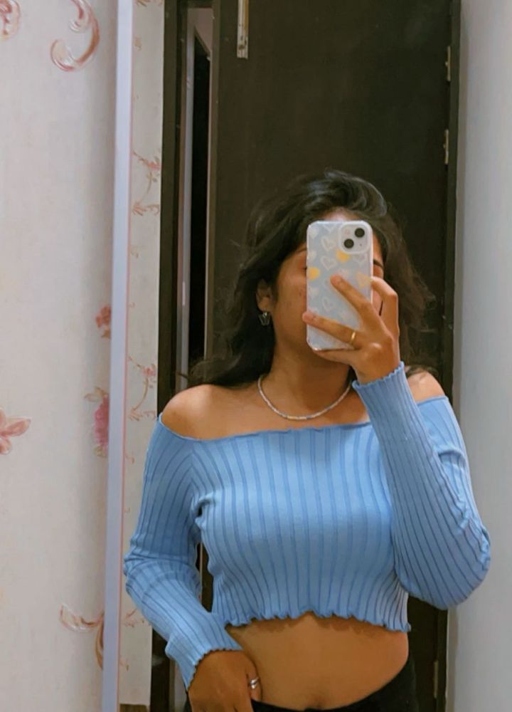 Blue Off-Shoulder Crop Top