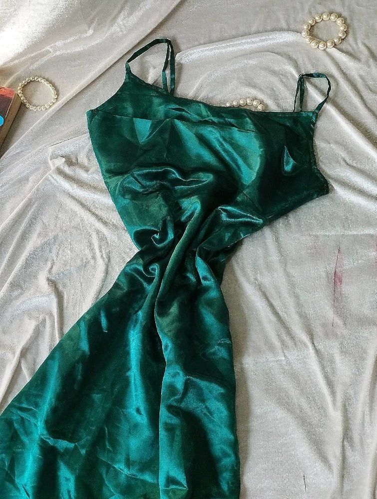 Hot Satin Green Silk Party Wear Slim fit Dress