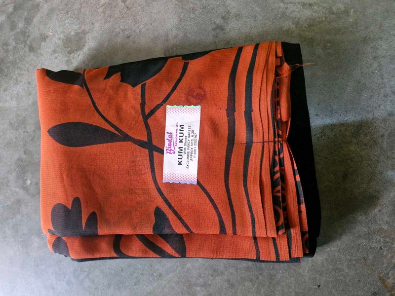 New Orange Floral Print Saree