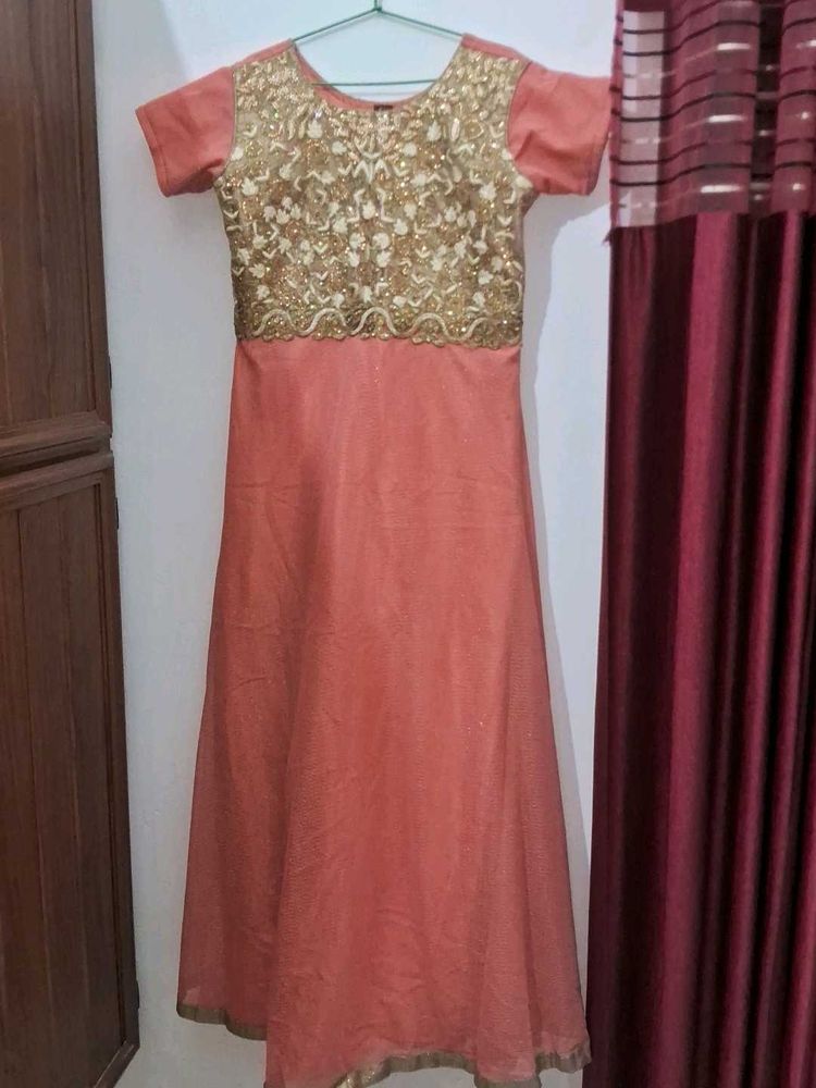 Elegant Peach &amp; Gold Ethnic Gown, Pant and Dupatta