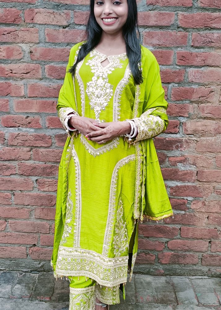 Olive Green Women Designer Kurta, Dupata &amp; Bottom