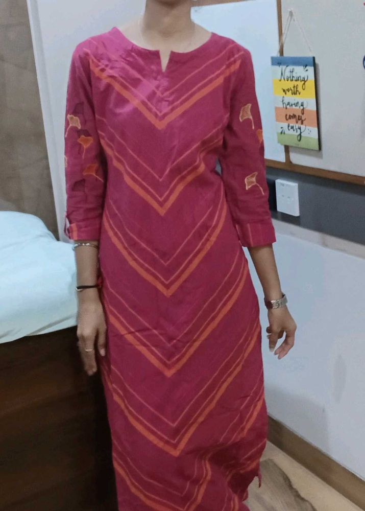 Pink &amp;Orange Striped A-Line Kurta