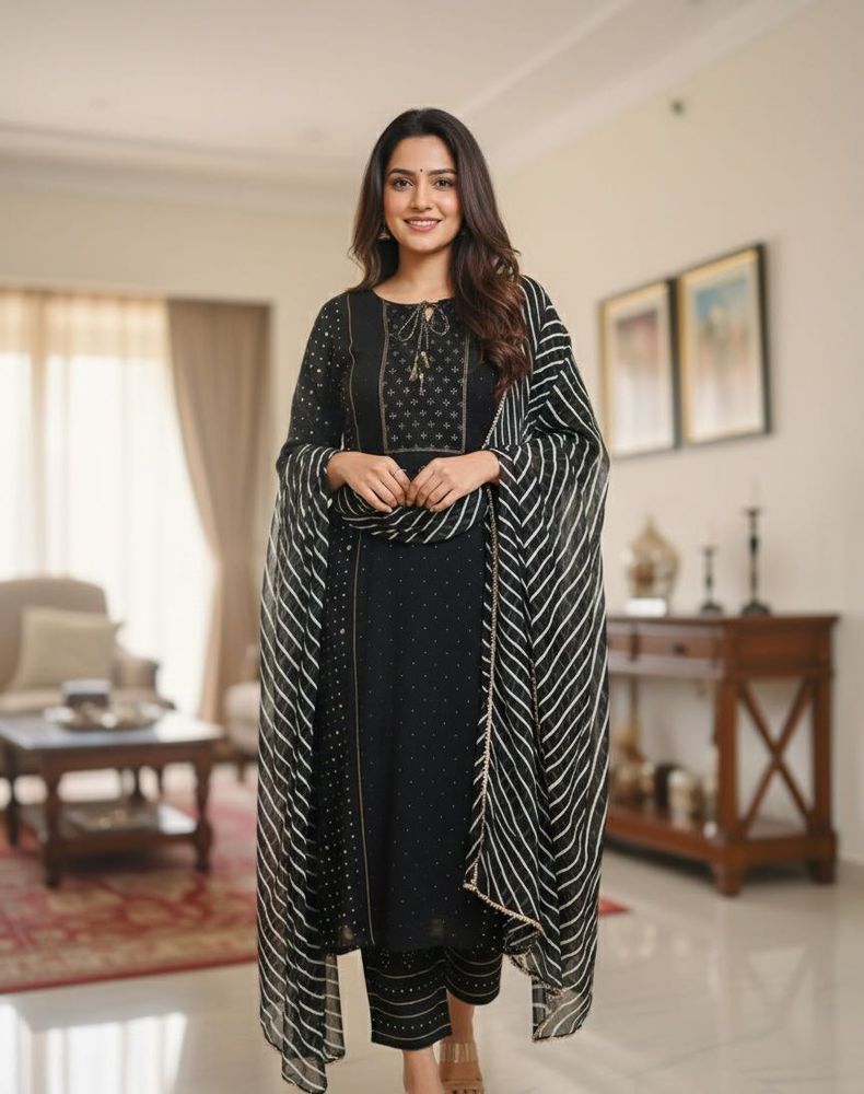 Elegant  Black Printed Suit Set