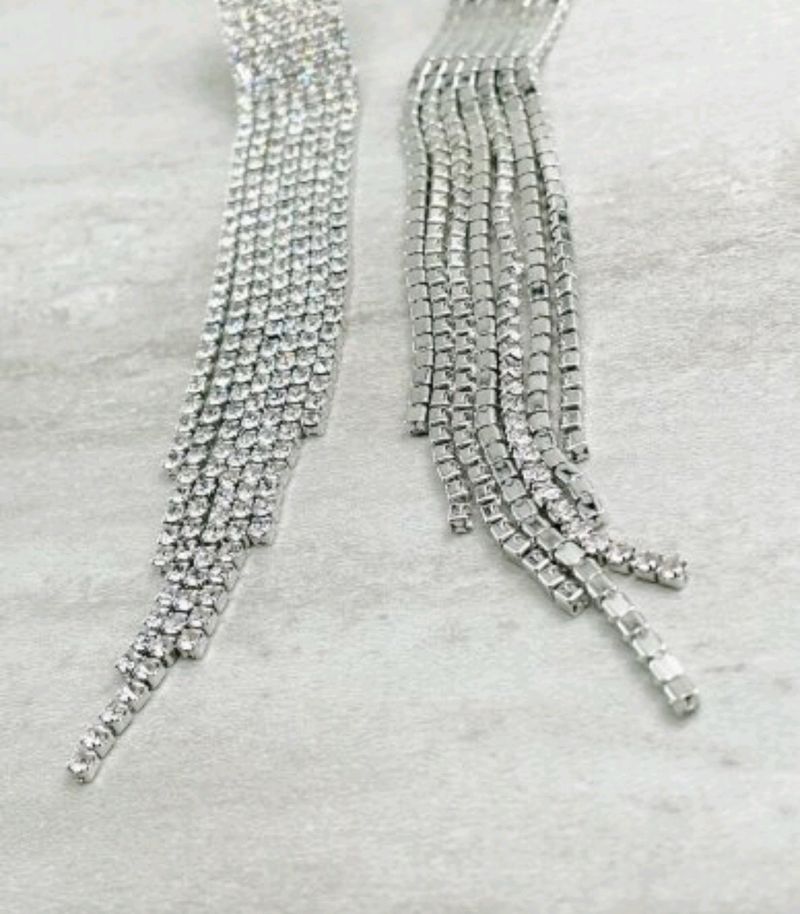 Sliver Rhinestone Crystal Long Tassel Earrings