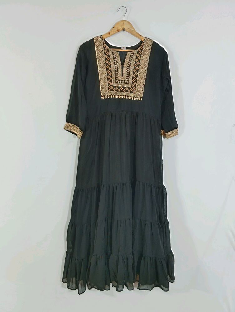 Black Embroidered Long Ethnic Dress ( Women)