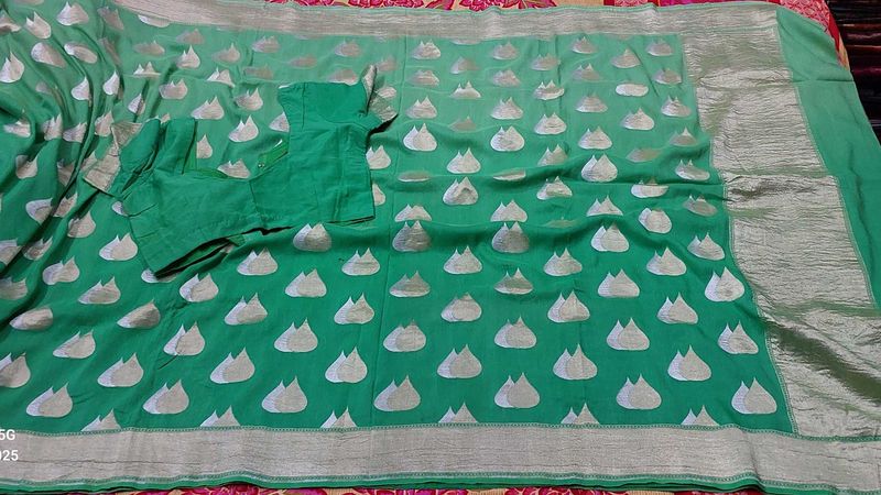 Green Saree with Silver Accents