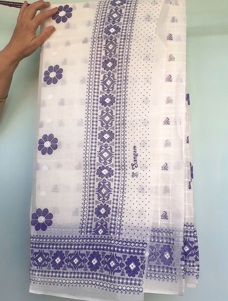Women&#39;s Pure Cotton Saree Purple White Bengal Sari