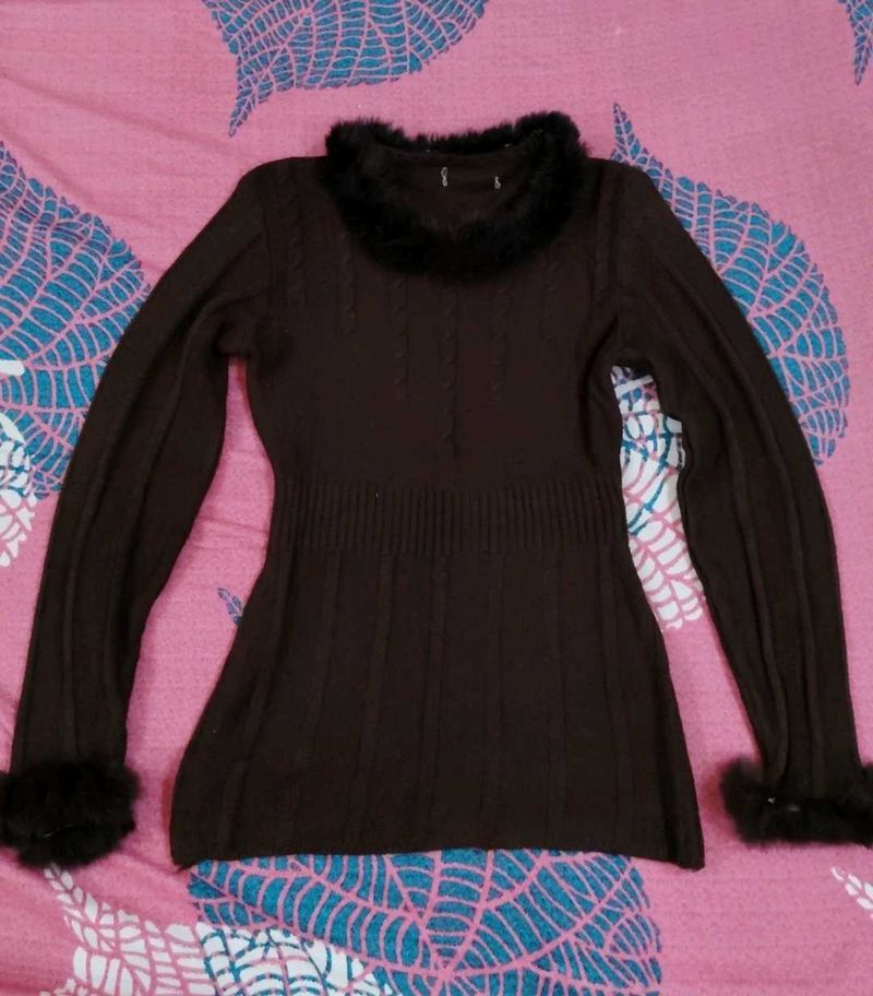 y2k trendy Brown Cable Knit Fur Trim Top