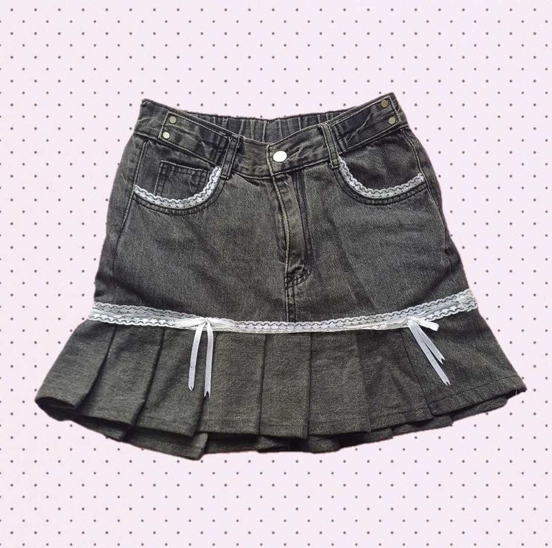 Y2K Lace Denim Grey Mini Pleated Skirt