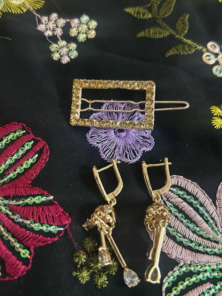 Gold Tone Earrings &amp; Hair Clip