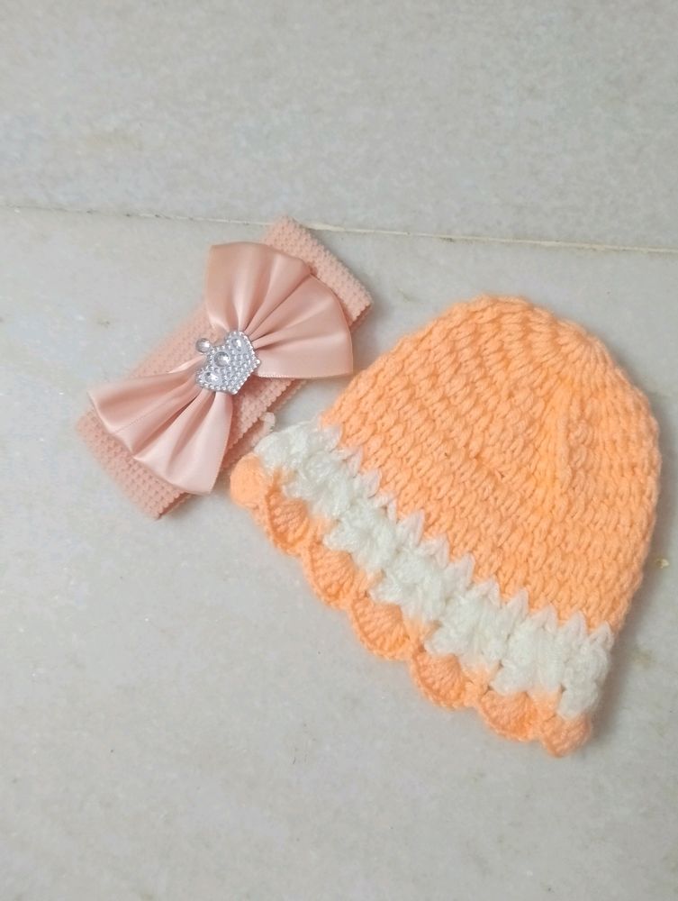 0 To 3 Months Baby Girl Cap And Hair Band