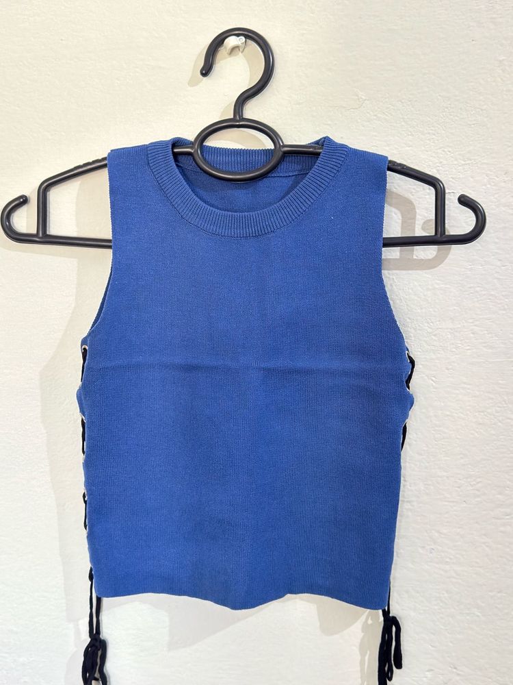 Trendy Blue Knit Sleeveless Top with Side Tie