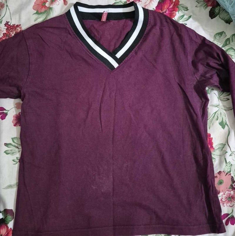 Burgundy V-Neck Long Sleeve Top