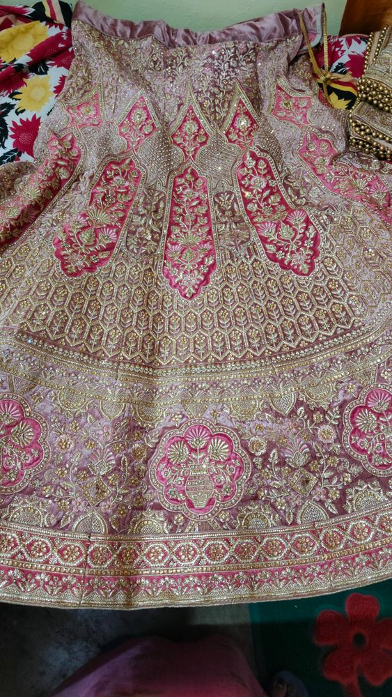 Elegant Pink &amp; Gold Embroidered Lehenga