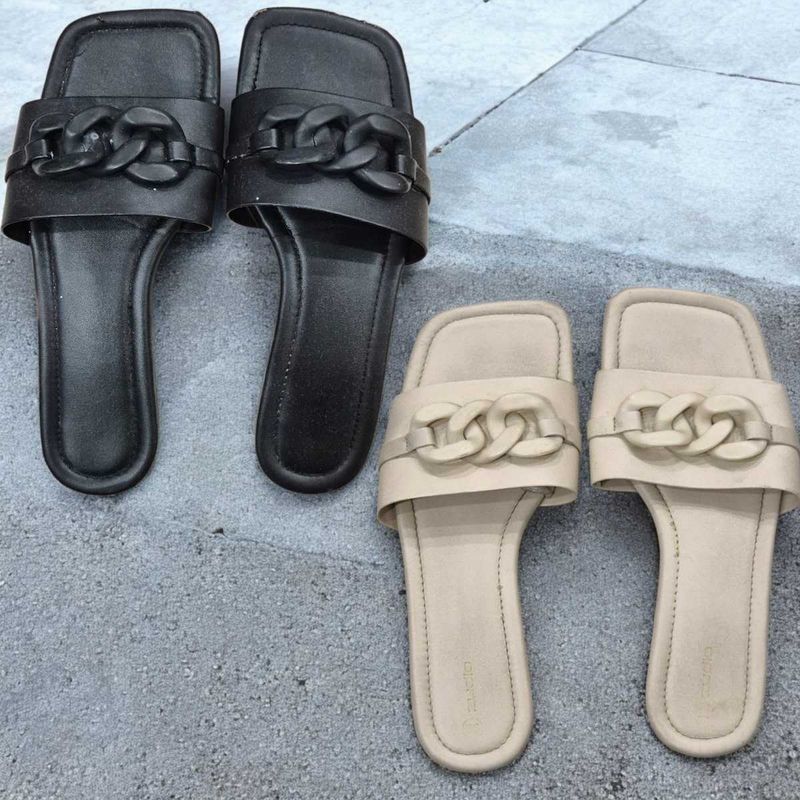 Must-Have Square Toe Chain Slides - Black &amp; Beige