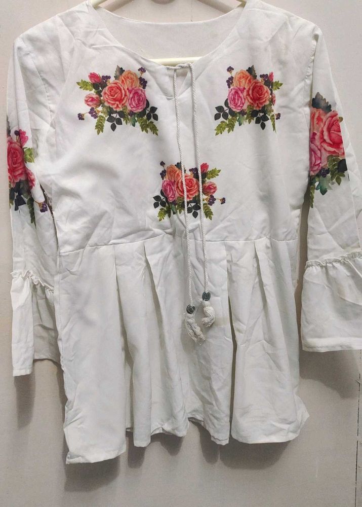 White Flower Print Top