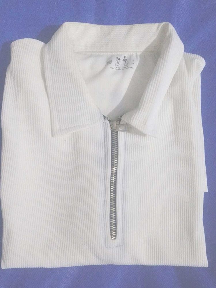 White Corduroy Zip-Up Polo