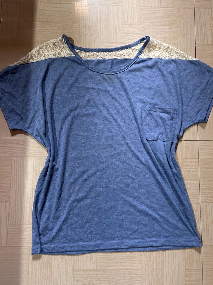 Blue Net Sleeve Oversized Top/ Tshirt