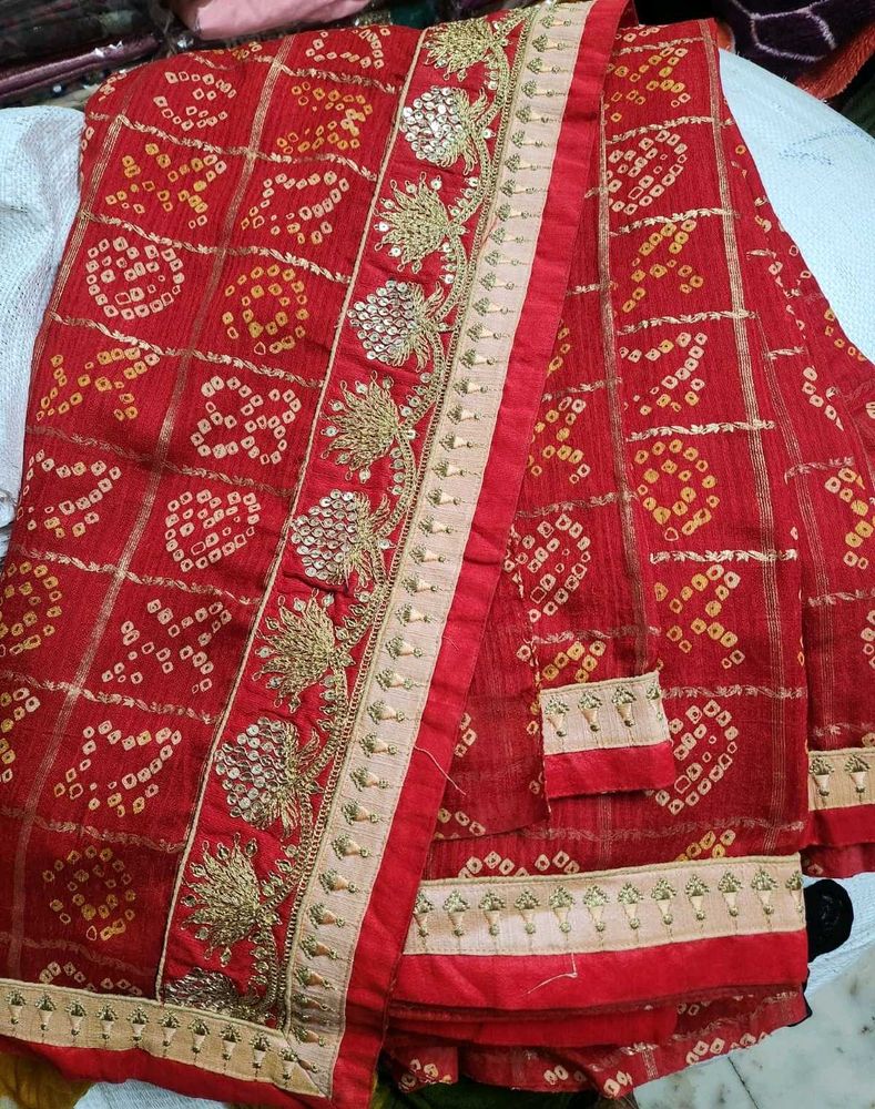 Red Bandhani Embroidered Saree