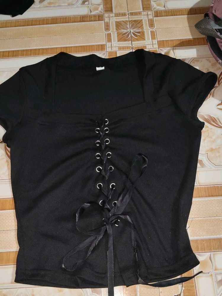 Black Lace-Up Crop Top