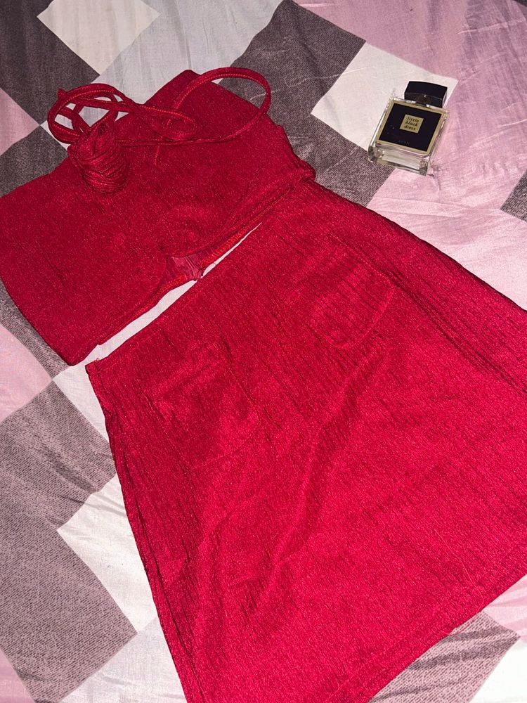 Red Crop Top and Skirt Set