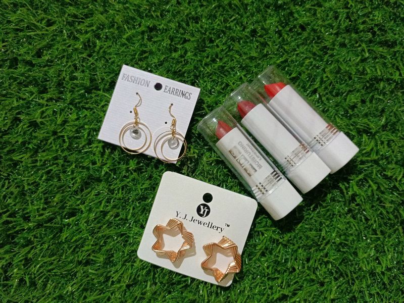 Combo Of Earins And 3 Lipst