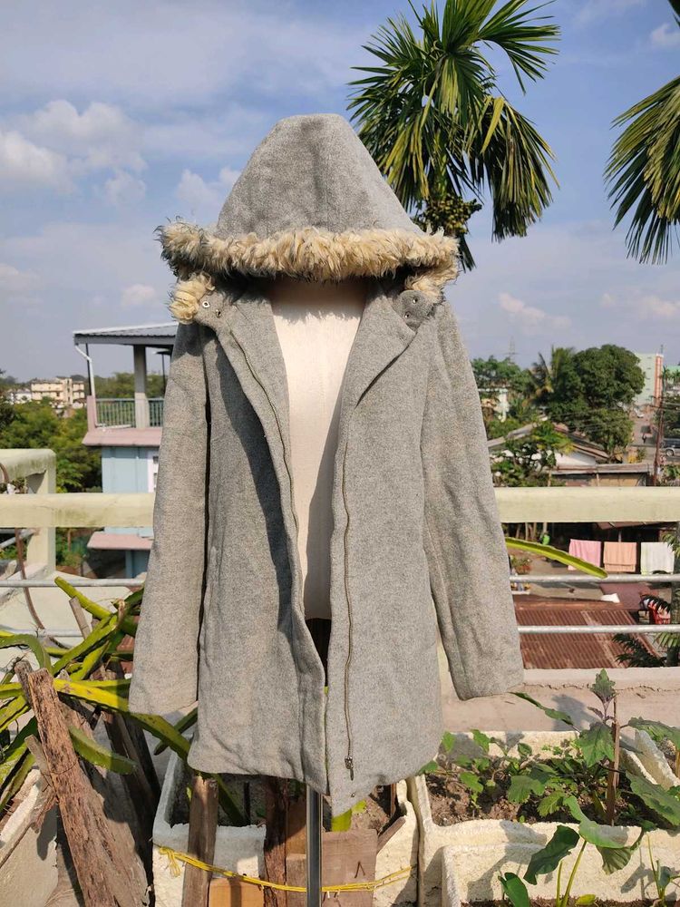 Gray Winter Coat with Faux Fur Hood