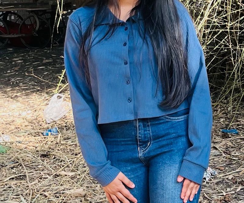 Blue Ribbed Cropped Top