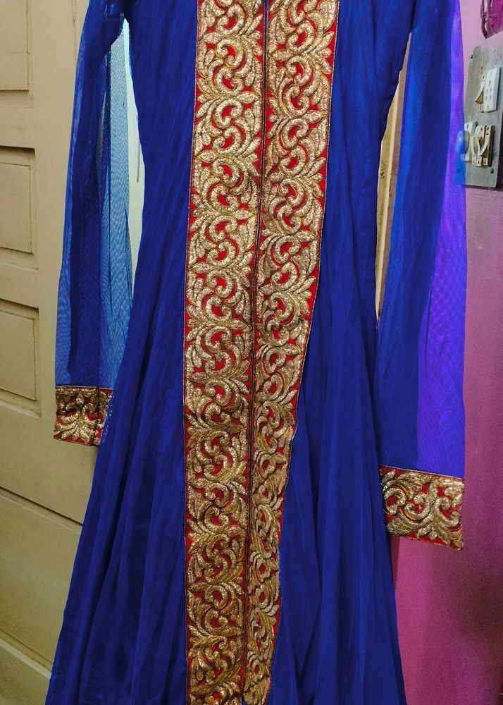 Long Blue Evening Gown With Designer Lace