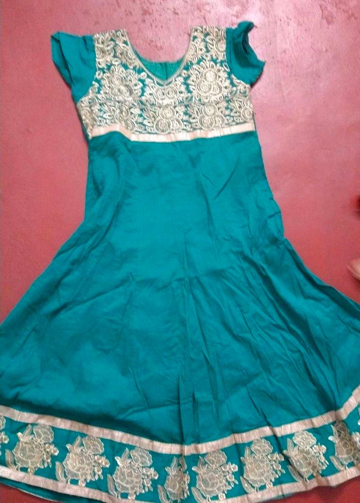 Teal &amp; Gold Embroidered Anarkali Kurti