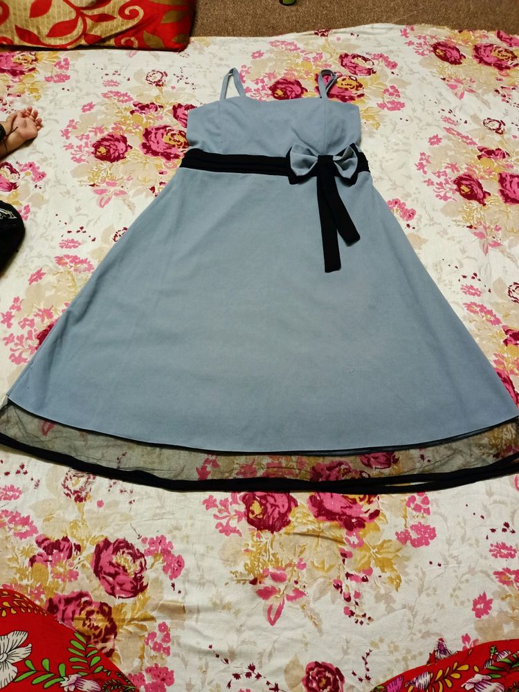 Blue Dress with Black Ribbon