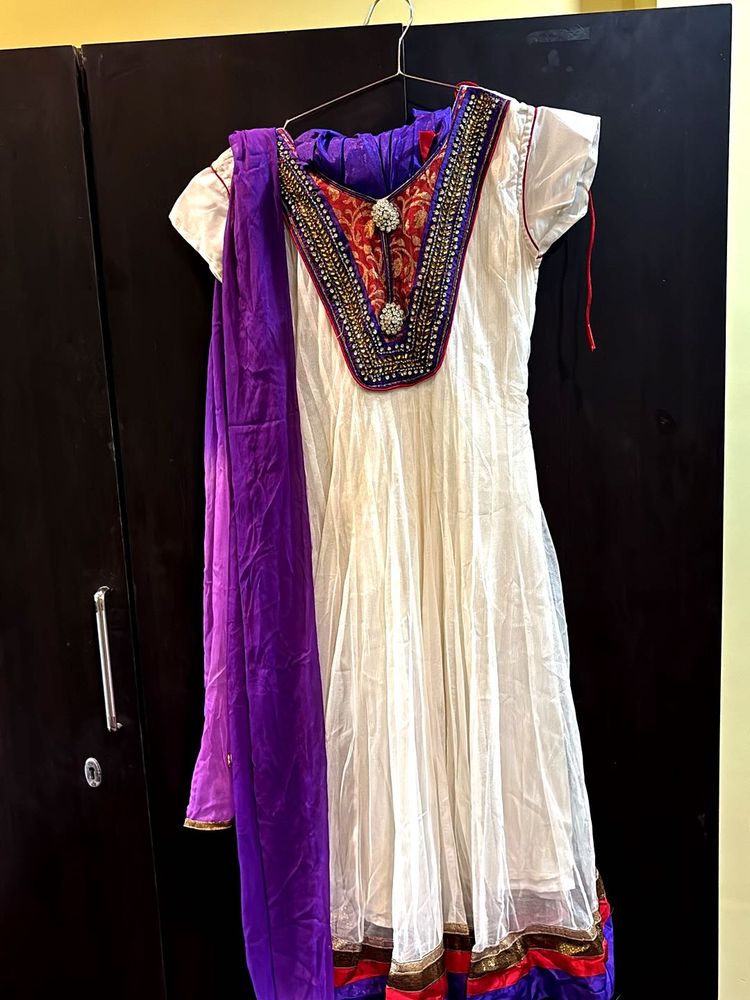 Elegant White &amp; Purple Anarkali