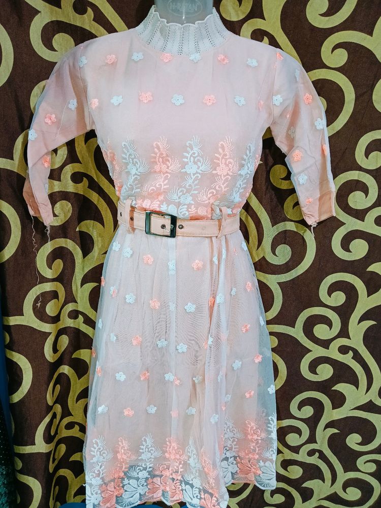 Inner Rayon And Outer Net Cloth Peach Colour Top