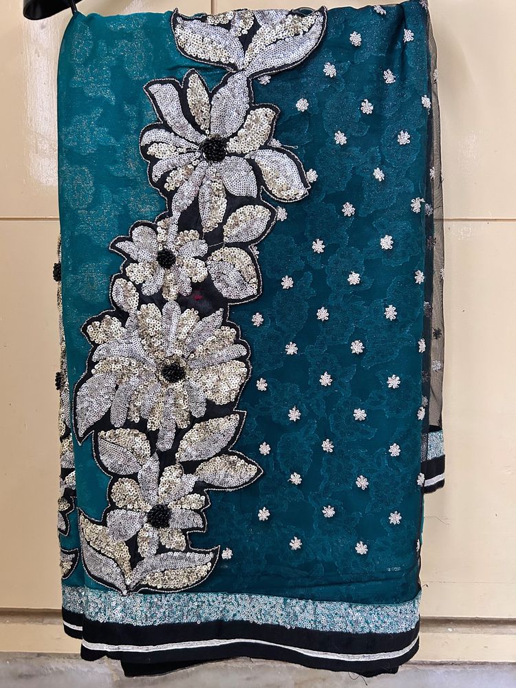 Designer Turquoise Green Saree With Black Net
