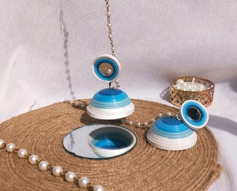 Quilling Blue Shades Mirror Stud Jhumka | Waterproof| Handmade| Lightweight| Glossy |